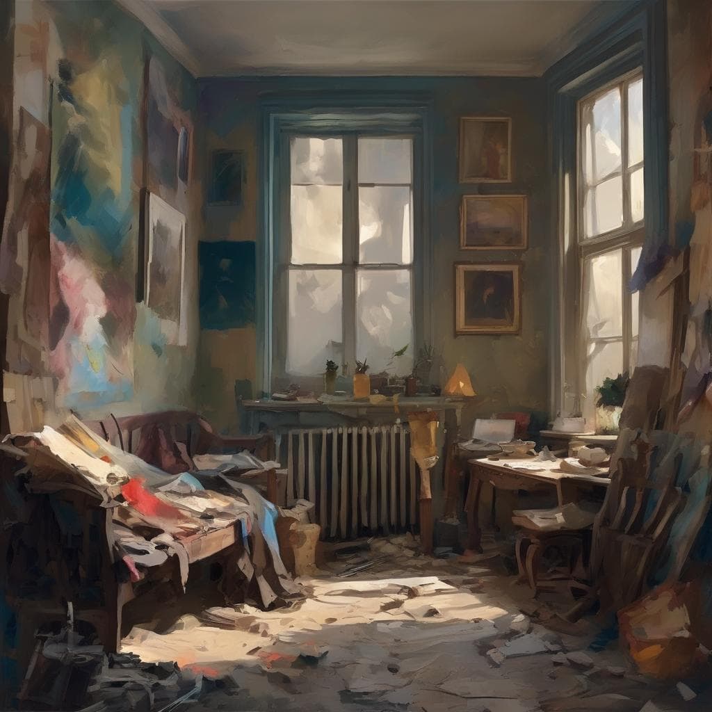 Αγρό ζωγραφιά εσωτερικού χώρου με πίνακες και καρέκλες, ανάλυση έργων τέχνης.