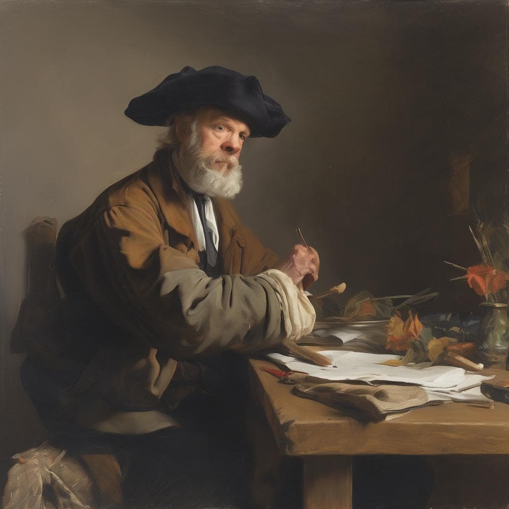 Παπας με καπέλο και άσπρη γενειάδα, ζωγραφική με φθινοπωρικά φύλλα και αντικείμενα τέχνης.