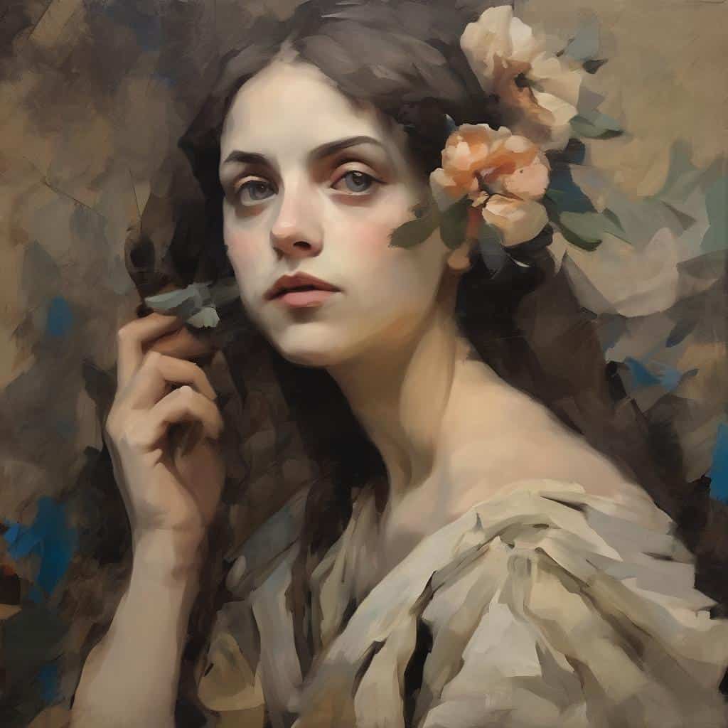 Αναπαράσταση πορτρέτου γυναίκας με λουλούδια στα μαλλιά, σε ζωγραφικό στυλ.