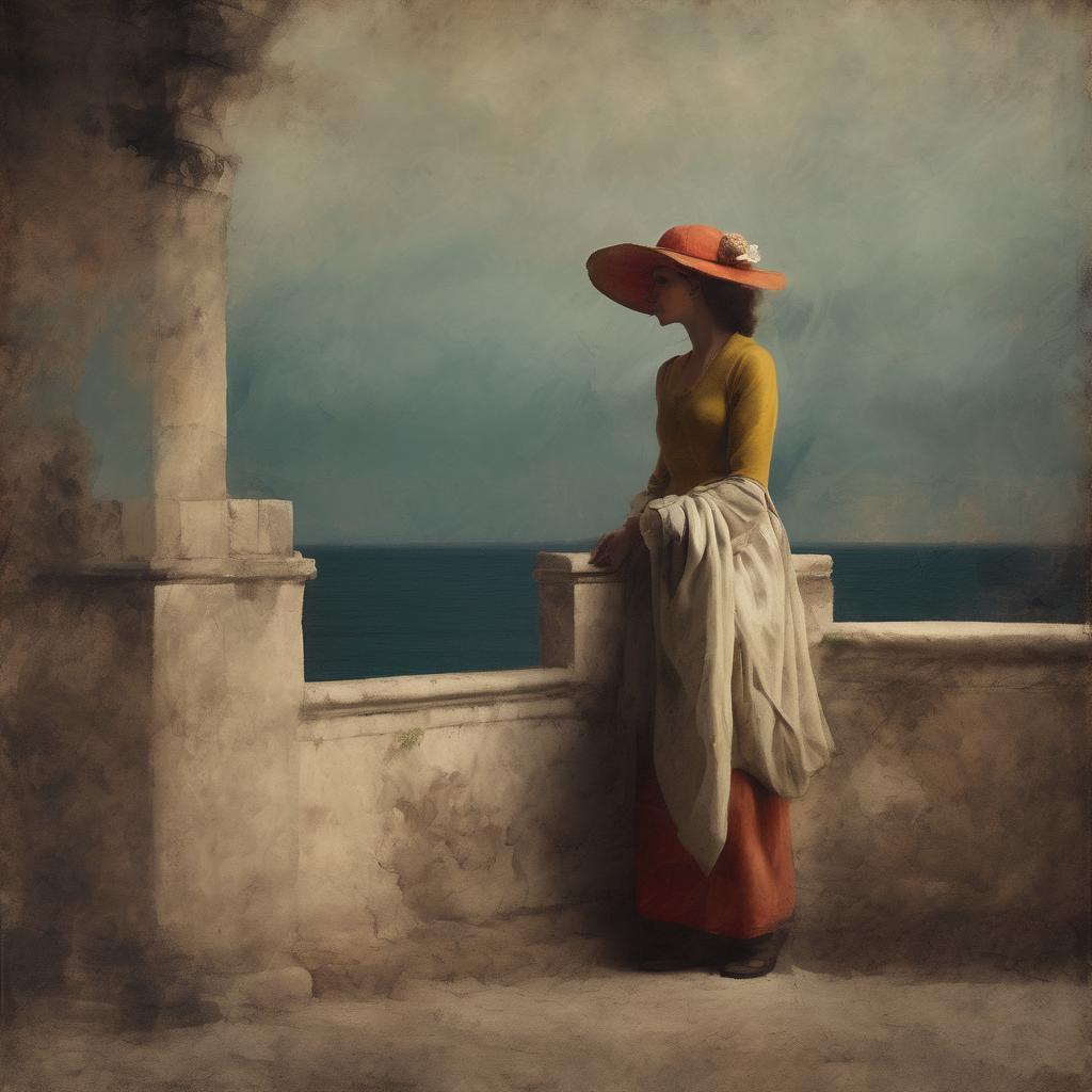 Αστική γυναικεία μορφή με μεγάλο καπέλο σε μπαλκόνι με θέα στη θάλασσα, εμβληματικές βιογραφίες και ανάλυση έργων τέχνης.