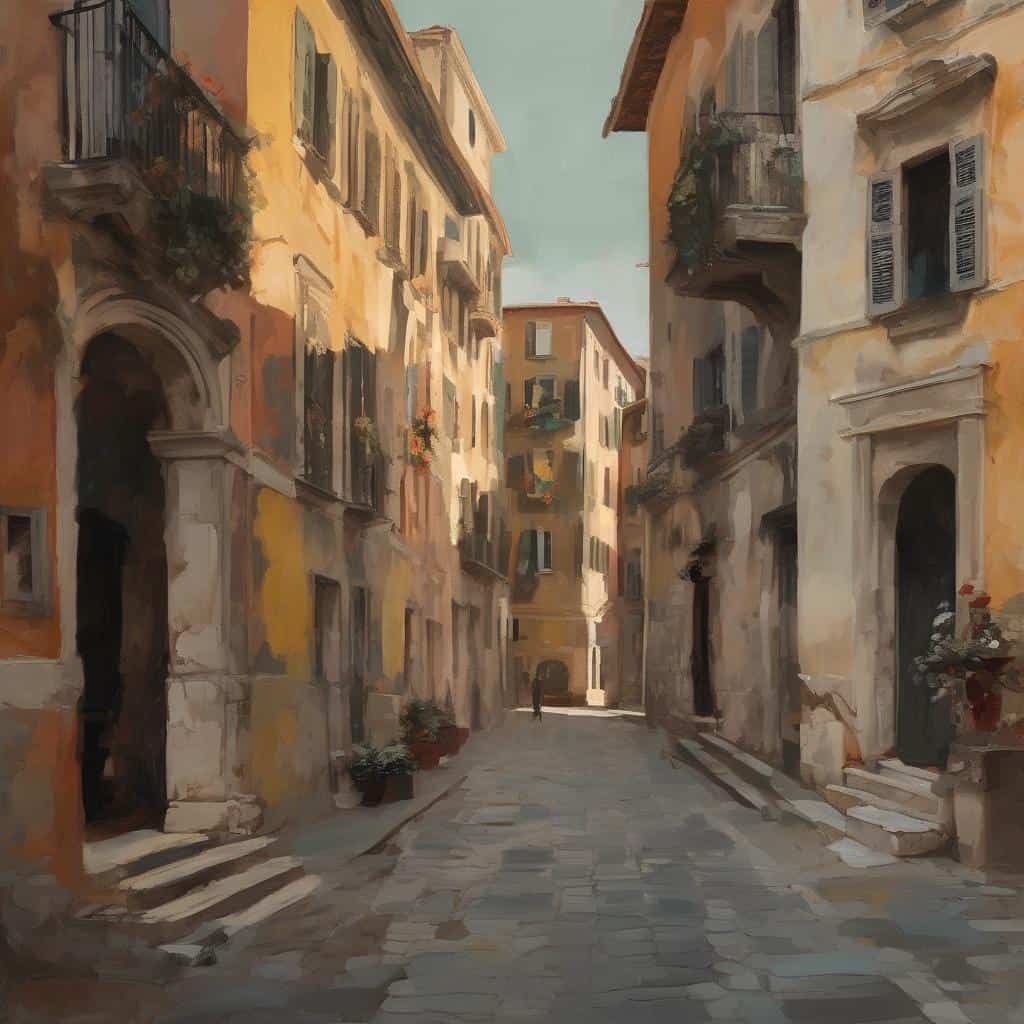 Παλιότατη γωνία σε ιταλική πόλη με πολυκατοικίες και πλακόστρωτο δρόμο.