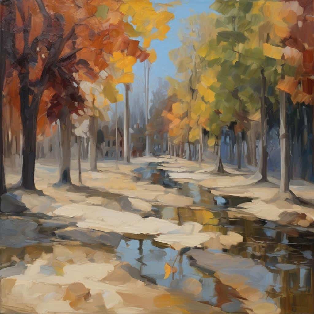 Φωτογραφία ενός ρεαλιστικού τοπίου με δέντρα και ποταμό, βασικό στοιχείο ανάλυσης έργων τέχνης.