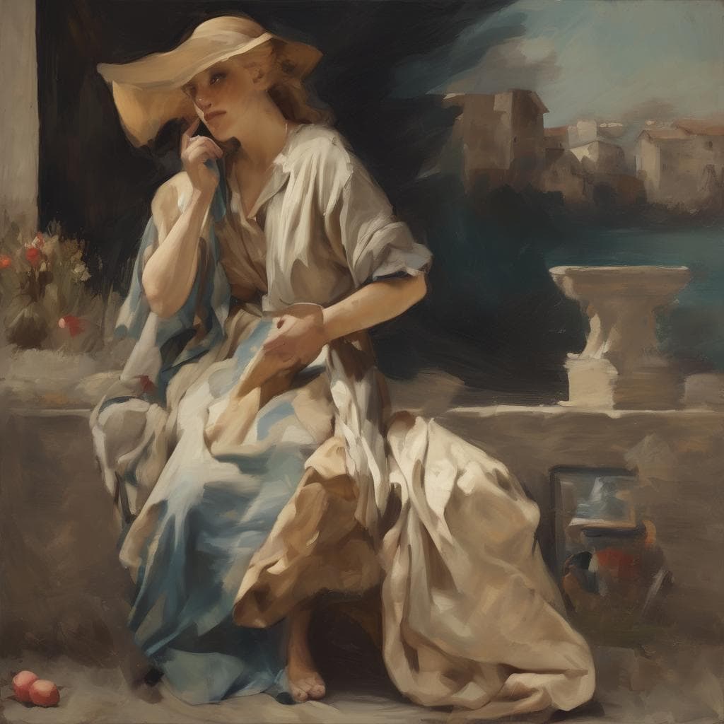 Γυναίκα σε παραλία με καπέλο και φουλάρι, ζωγραφική, έργο τέχνης, ανάλυση έργων τέχνης, βιογραφίες καλλιτεχνών, τέχνη και πολιτισμός.